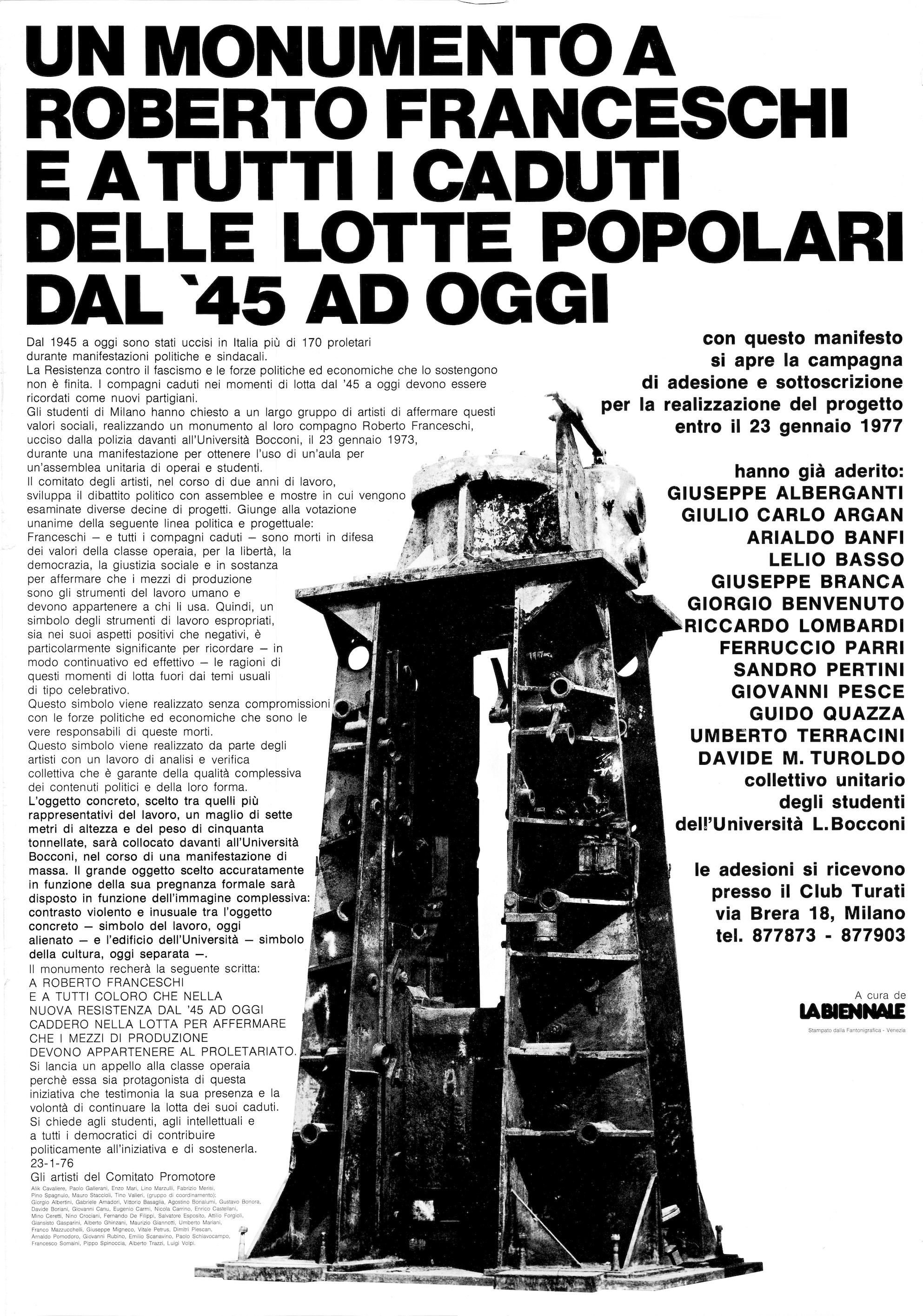 Monumento a Roberto Franceschi | Roberto Franceschi Memorial, manifesto | affiche, Biennale di Venezia, 1976.  © Fondazione Roberto Franceschi Onlus