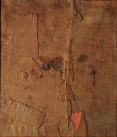 Alberto Burri, "Sacco L.A.," 1953: burlap and acrylic on canvas, 39 5/16 x 33 7/8 inches (101 x 87 cm), inv. 5337 - © Fondazione Palazzo Albizzini Collezione Burri, Città di Castello – by SIAE 2016