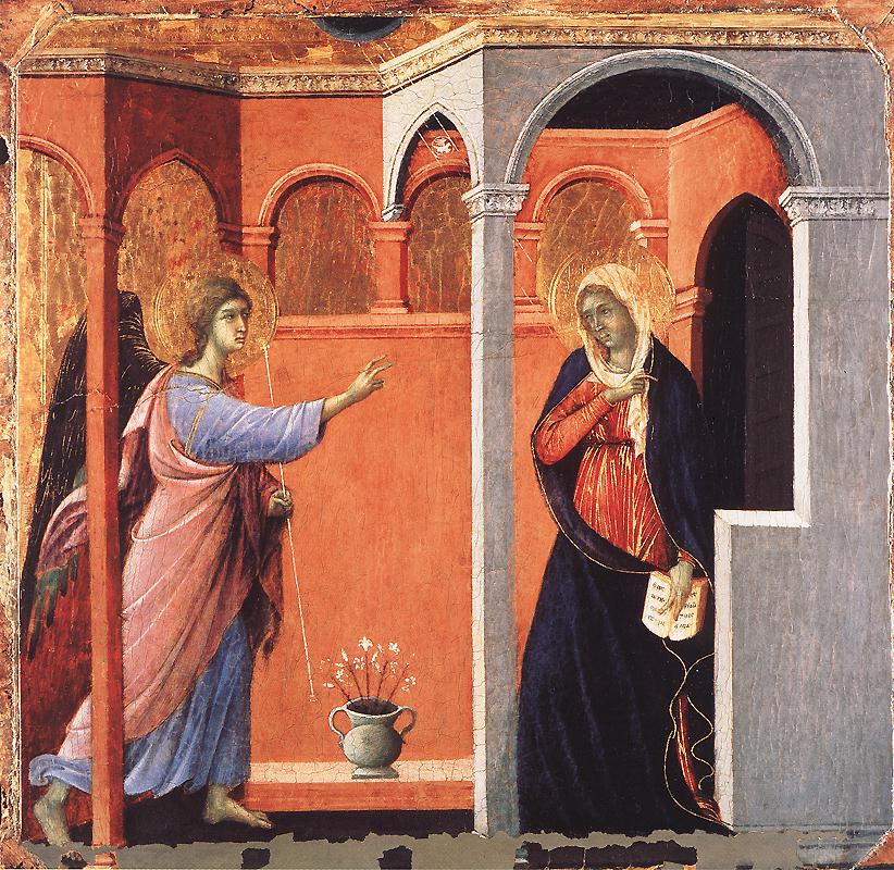 Duccio di Buoninsegna, Maestà, Detail of the Annunciation of Mary